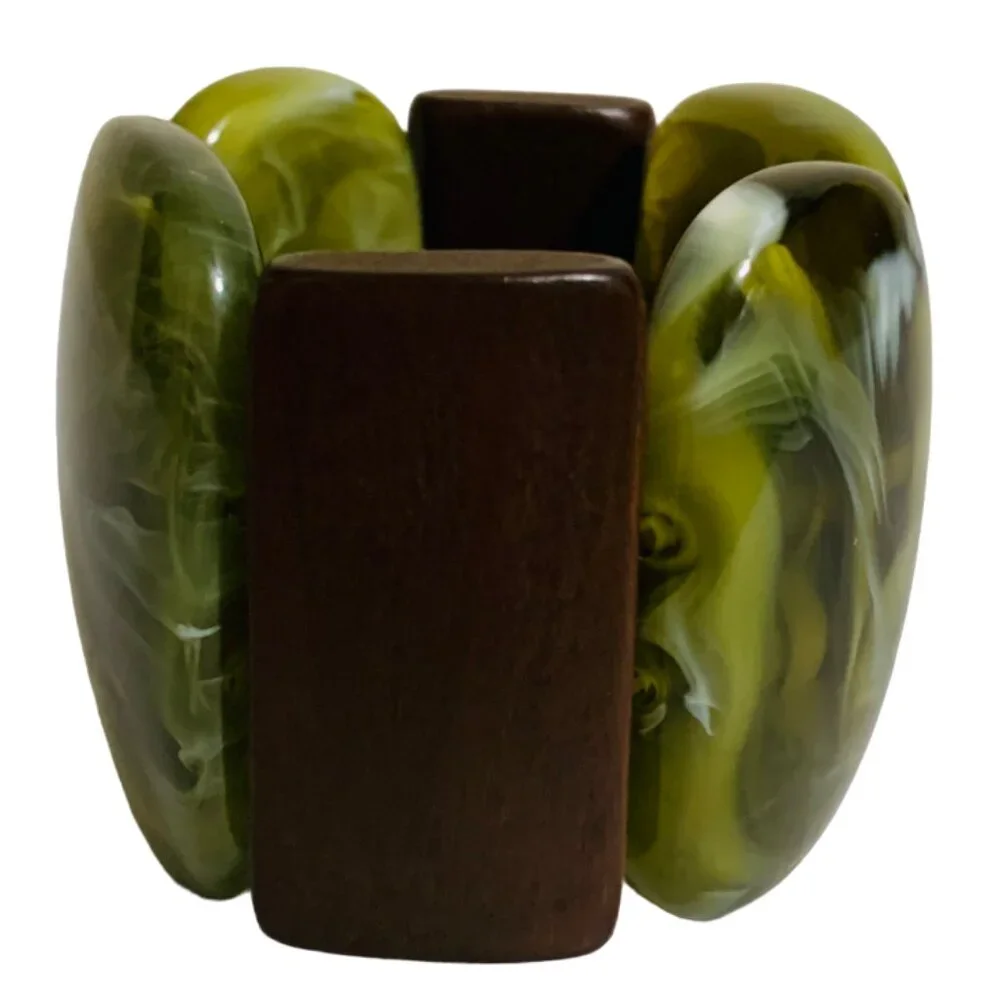 Antique Bakelite Cuff Bracelet Art Deco Swirls Stretch Rectangle Green Rare